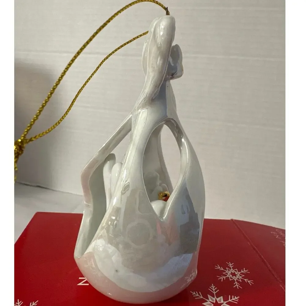 Vintage Avon Hanging Angel Ornament white iridescent ceramic w/gold trim 2005New